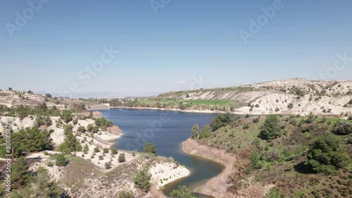 Aerial drone footage of a water reservoir next to Politiko village in Cyprus photo