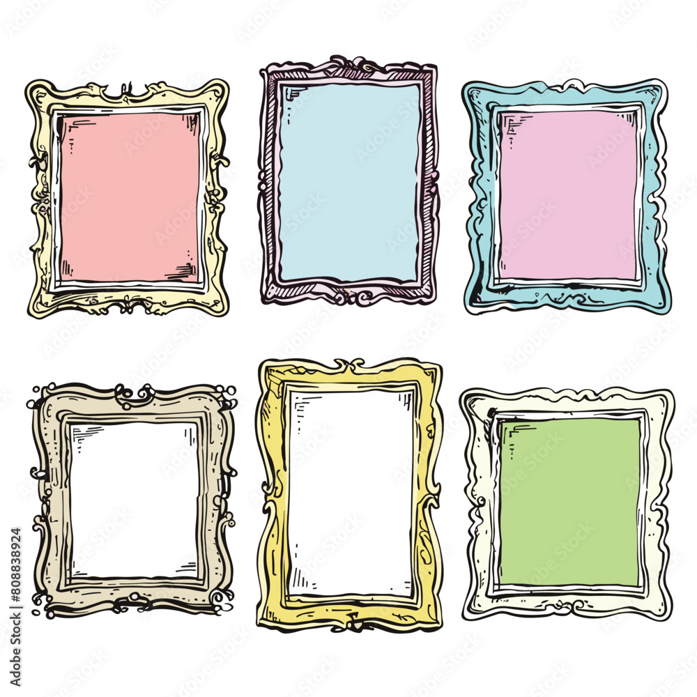 Set six handdrawn decorative frames, uniquely colored designed. Cartoon style frames featuring ornate details suitable gallery wall art photo decoration. Illustrations depict frames different pastel