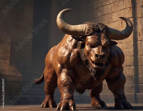 The ancient Greek mythological character Minotaur is a half-man  half-wolf. A terrible monster from ancient legends. A character with a human body and a bull s head with horns.