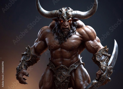 The ancient Greek mythological character Minotaur is a half-man, half-wolf. A terrible monster from ancient legends. A character with a human body and a bull's head with horns. photo