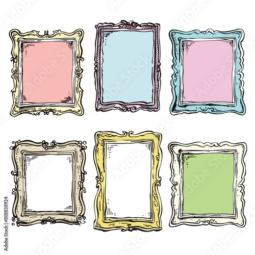 Obraz na płótnie Set six handdrawn decorative frames, uniquely colored designed. Cartoon style frames featuring ornate details suitable gallery wall art photo decoration. Illustrations depict frames different pastel w salonie