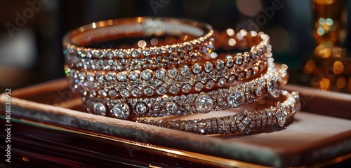 Exquisite diamond cuff bracelets elegantly displayed on a velvet-lined tray.