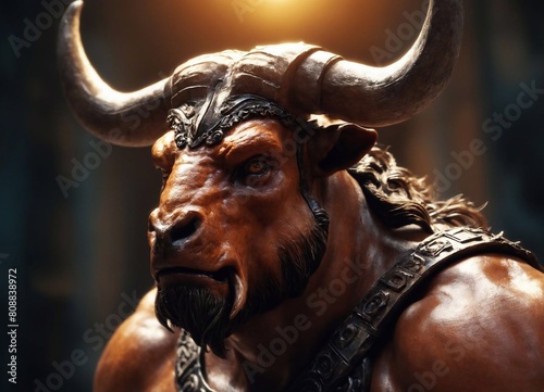 The ancient Greek mythological character Minotaur is a half-man, half-wolf. A terrible monster from ancient legends. A character with a human body and a bull's head with horns. photo