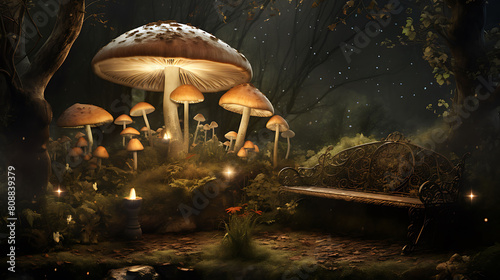 Agaricus mushrooms in a moonlit garden with a vintage wrought-iron bench and a fountain. photo