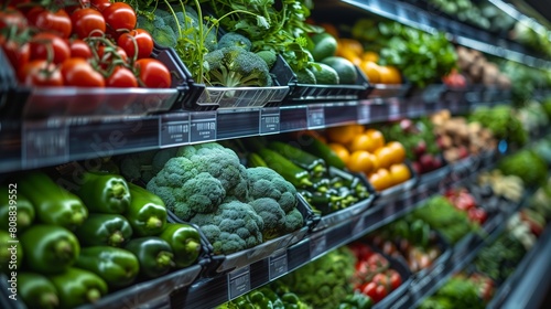 Various type of fresh fruits and vegetables arranged neatly grocery store on supermarket shelves