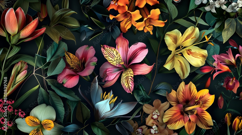 Natural abstraction unusual colorful blooming flowers pattern banner on a black background.