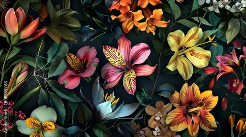 Natural abstraction unusual colorful blooming flowers pattern banner on a black background.