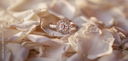 Sparkling diamond rings nestled within a bed of soft silk petals.