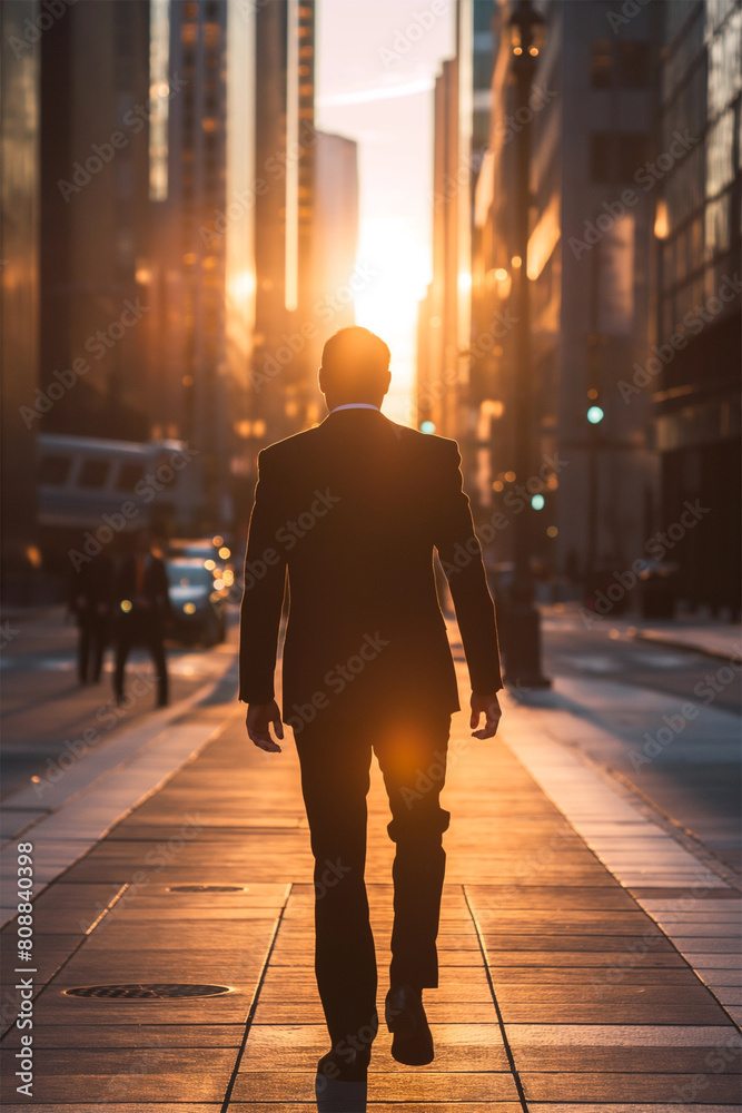 Silhouette of a businessman walking confidently between skyscrapers in a cityscape at dawn, embodying corporate ambition and success - AI generated