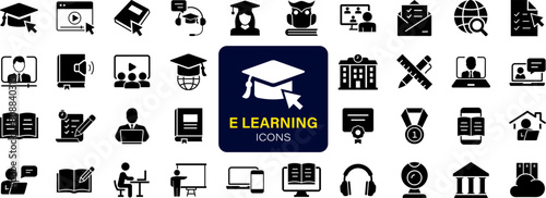 E-learning set of web icons. Online education icons for web and mobile app. Distance learning, video tutorial, online lecture, school, university, webinar. Solid vector icons collection