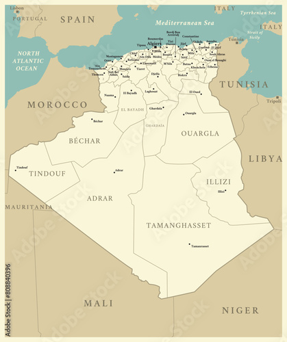 Algeria - detailed map with administrative divisions and capitals of countries. Vector illustration