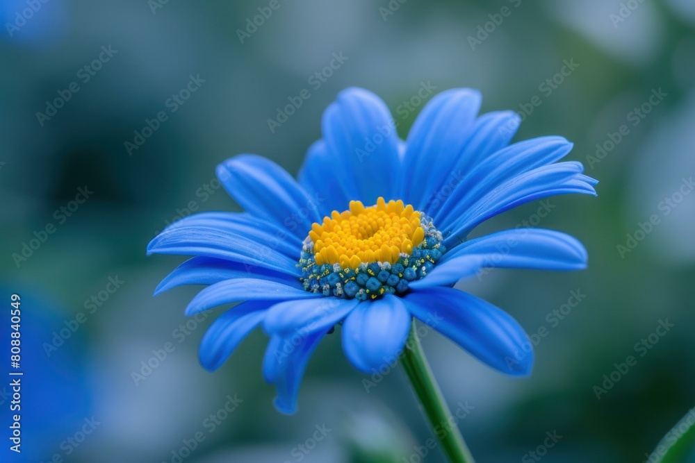 Close-up of a vibrant blue daisy with a yellow center and blurred background, showcasing the colorful petals and natural beauty in a tranquil and serene springtime garden Close-up of a vibrant blue daisy with a yellow center and blurred background, showcasing the colorful petals and natural beauty in a tranquil and serene springtime garden