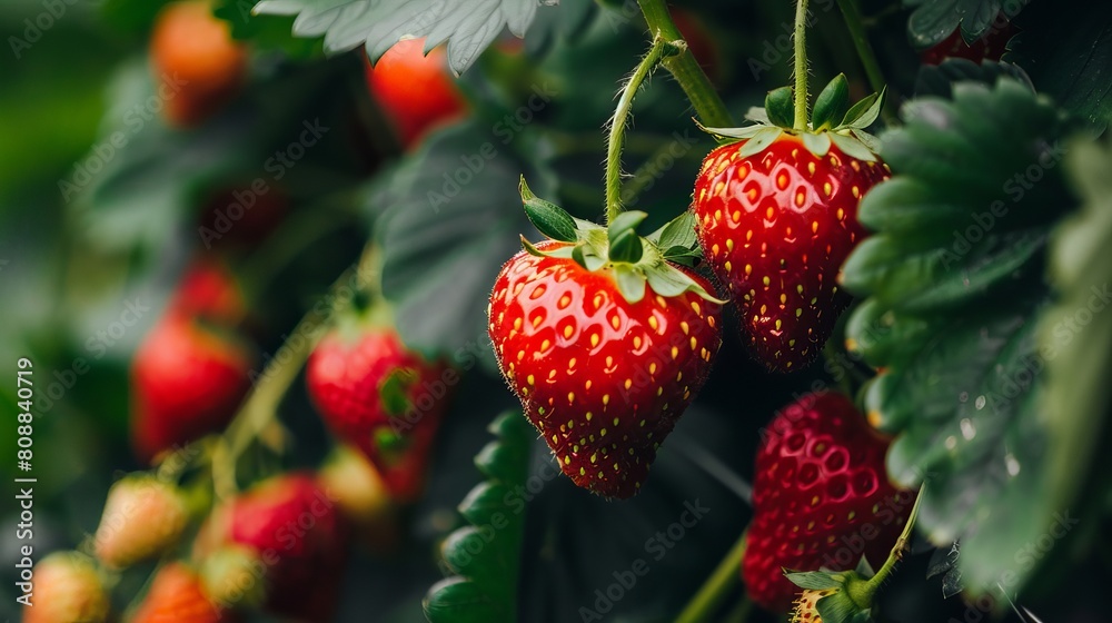 Sweet, bright red strawberries are seen from the side. Sweet, bright red strawberries are seen from the side.