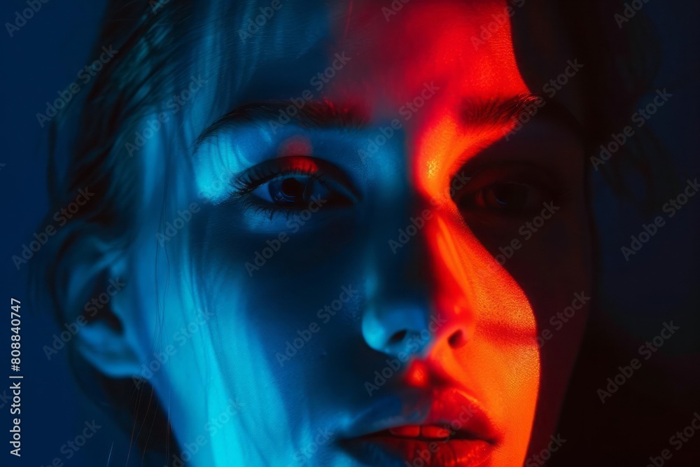 A close-up of a young woman face, half-lit by a deep blue neon light and half in shadow, emphasizing contrast and emotion