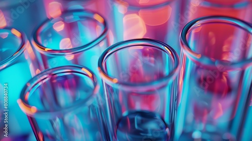 Scientists used test tubes in a lab. The picture shows test tubes with liquids in them. The background is blue and red.