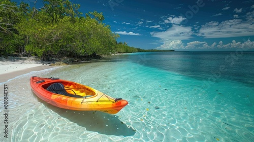 A red canoe rests on the serene shore of a tranquil lake, surrounded by the vast expanse of water, under the blue sky dotted with fluffy white clouds, showcasing the beauty of the natural landscape