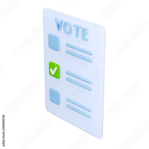 3D cartoon voting ballot with check boxes and tick isolated on white background. Design element for election campaign. Democratic process of voting in an election. Vector illustration of 3d render.