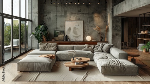 minimalist interior design, minimalist loft interior made elegant with sleek furniture like a low-profile sofa and wooden coffee table which enhance its clean and uncluttered appearance photo