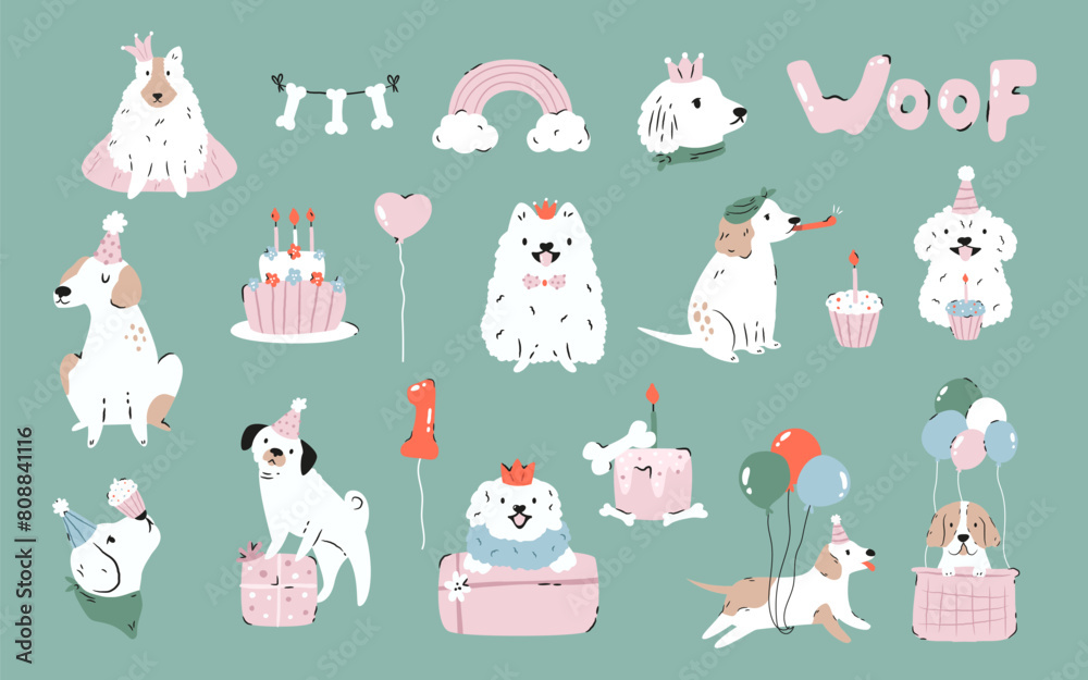 Ταπετσαρία Hand drawn vector set of cute, funny dogs and Birthday balloons, boxes, decorati