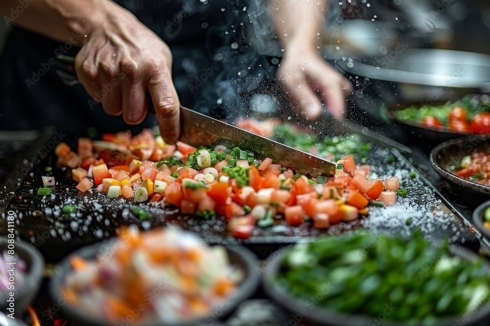 Sharp focus on a chef's hands dicing colorful vegetables with steam rising in a busy, atmospheric kitchen environment Sharp focus on a chef's hands dicing colorful vegetables with steam rising in a busy, atmospheric kitchen environment