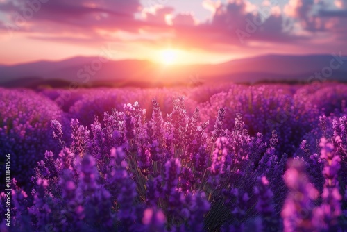 A beautiful field of blooming lavender against a breathtaking sunset and mountain backdrop