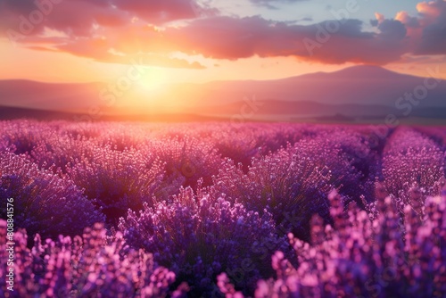 A stunning and vibrant image capturing the endless purple lavender fields under a dramatic sunset sky