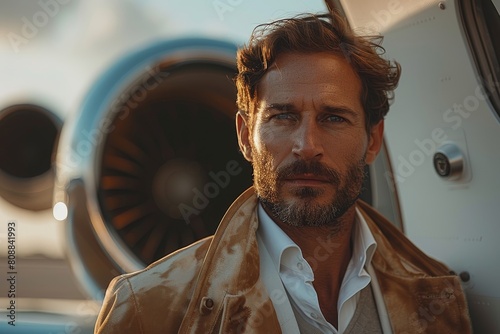 Attractive mature man in a stylish suede jacket standing by a private aircraft at sunset © Larisa AI