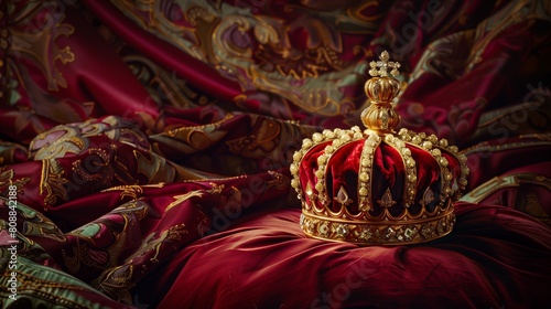 A royal crown displayed on a cushion of plush, crimson velvet.