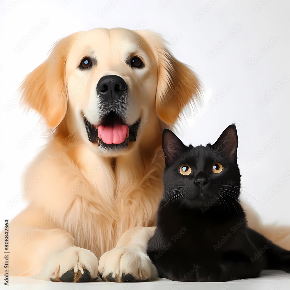golden retriever dog lying behind black cat, generative ai