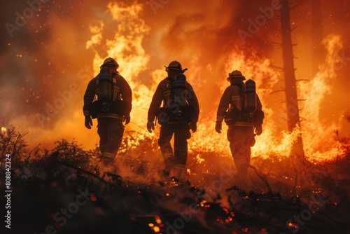 An intense image showcasing the bravery of firefighters as they combat a raging forest fire amidst fiery trees