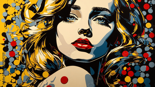 a painting of a woman with blonde hair  blue eyes  and red lips