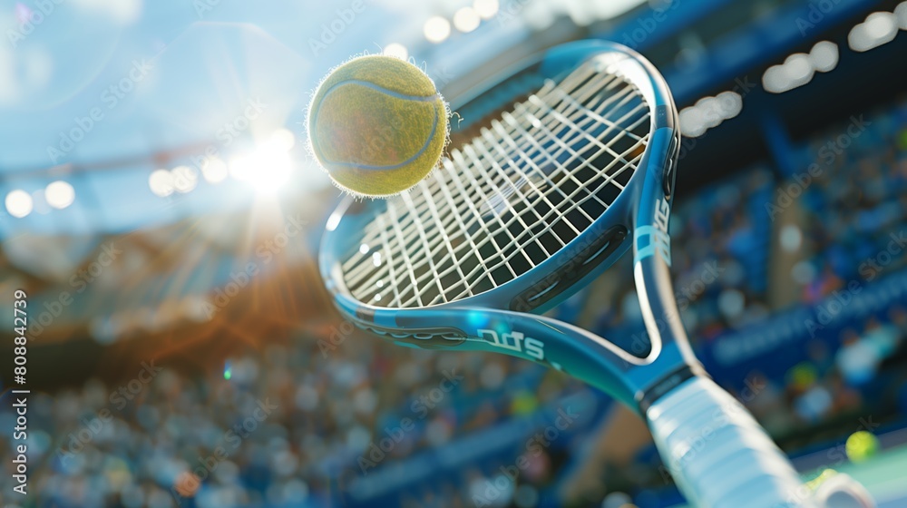 Fototapeta premium Close up of tennis racket with ball at tennis tournament, stadium background, lifestyle concept