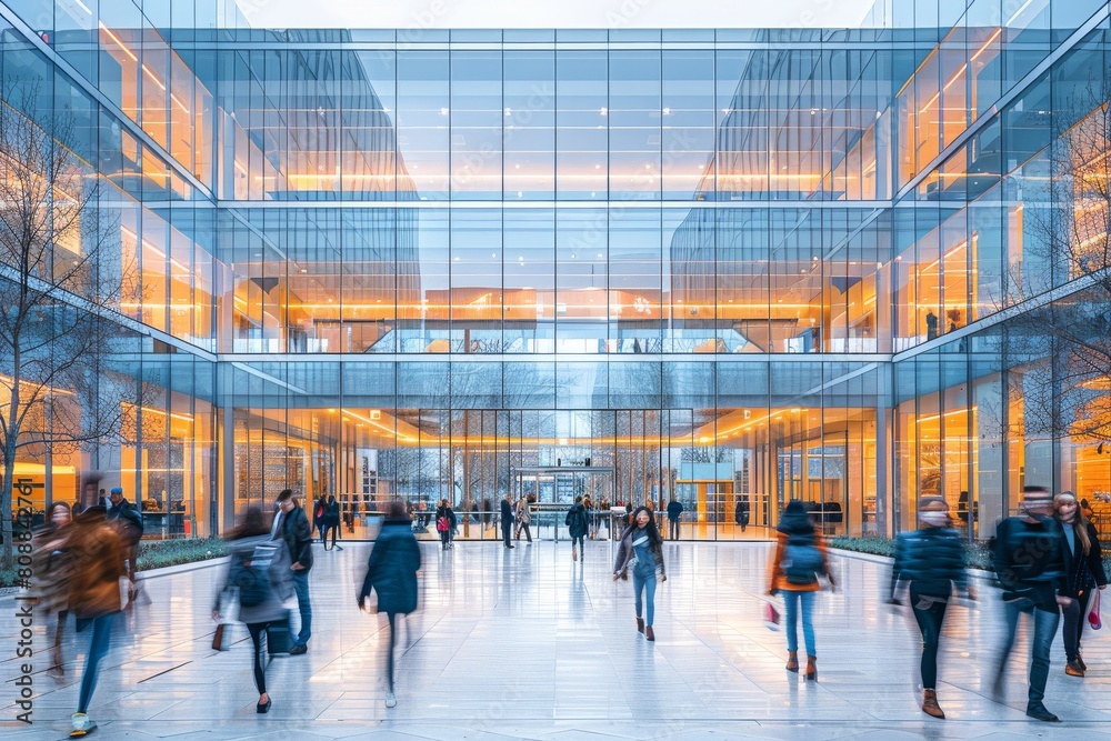This image showcases a bustling city life with people walking, set against a striking modern glass building exterior