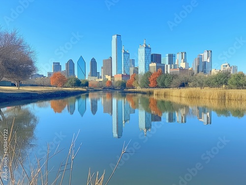 A city skyline is reflected in a body of water. The water is calm and clear, and the city is visible in the distance. The scene is peaceful and serene, with the city's hustle and bustle far away © MaxK