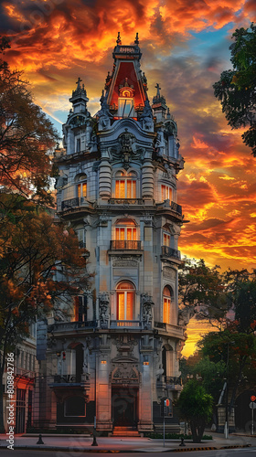 Serene Evening View of Palacio Salvo, The Iconic Landmark of Uruguay in Vibrant Colors