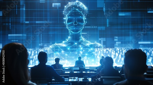 A dramatic shot of a virtual assistant hologram addressing a crowded conference room, the focus on the hologram's detailed, lifelike features