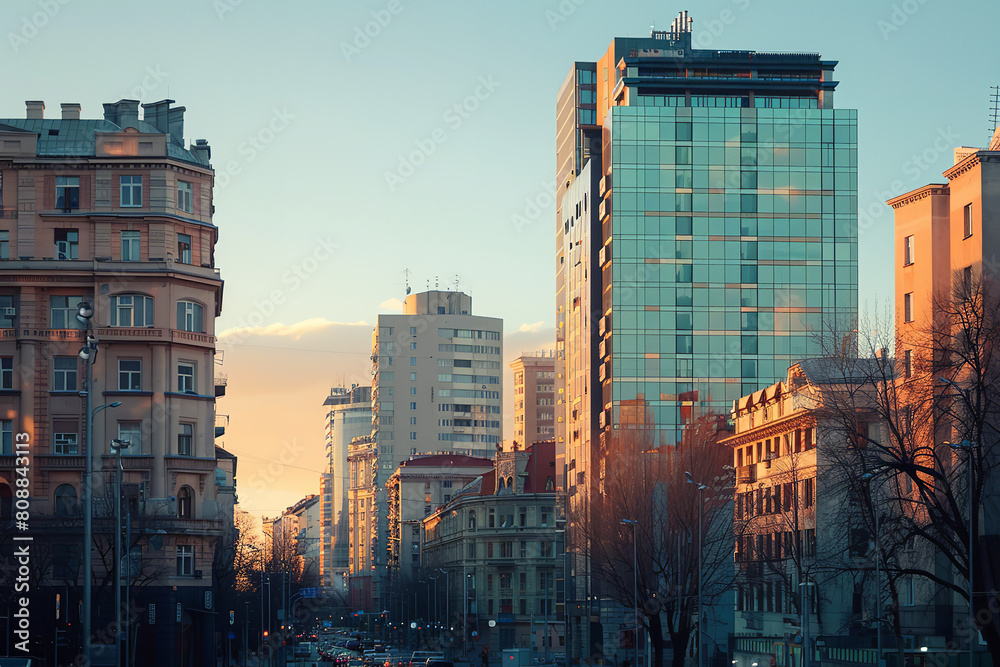 Fototapeta premium Dualism in Architecture: Historical and Modern Buildings at Dusk