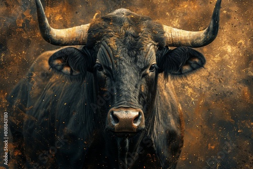 Golden-hued image of a serene bull's face, capturing a magical, almost spiritual atmosphere