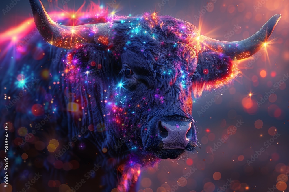 A majestic bull adorned with a galaxy-themed texture, radiating vibrant cosmic particles and stars A majestic bull adorned with a galaxy-themed texture, radiating vibrant cosmic particles and stars