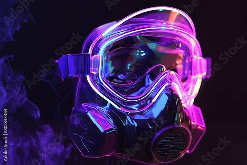 futuristic holographic antigas mask Scientist in white hazard suit and gas mask photo