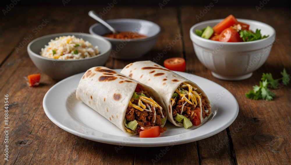 Image of a plate of burritos placed on a white plate on a wooden table 67