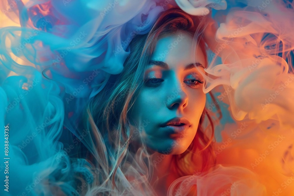 Young Caucasian Woman Surrounded by Vibrant Swirls of Colorful Smoke on Blue Background - Abstract Stock Photo