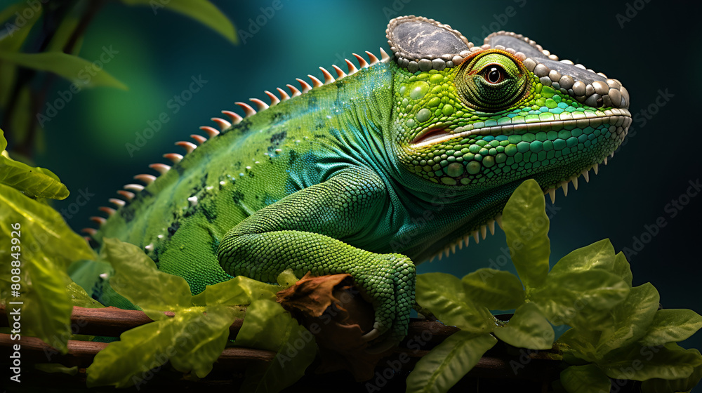 green iguana on a branch, Green Colored Chameleon Vibrant Reptile and Nature's Camouflage 