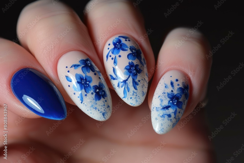Close-up of a hand showcasing a sophisticated blue floral nail art on long nails