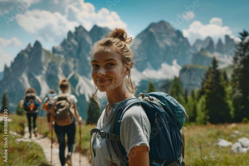 Young Caucasian Woman's Summer Adventure: Hiking with Family and Friends in the Mountains