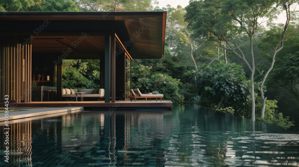 Luxury villa with swimming pool surrounded by palm trees and exotic plants in the rainforest Luxury villa with swimming pool surrounded by palm trees and exotic plants in the rainforest