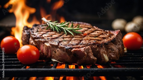 Appetizing juicy grilled beef steak, smoke, fire, vegetables