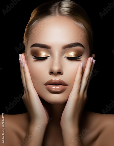 Close-up of the young model's face. Beauty girl with perfect skin. Beautiful woman portrait. Concept of youth and beauty