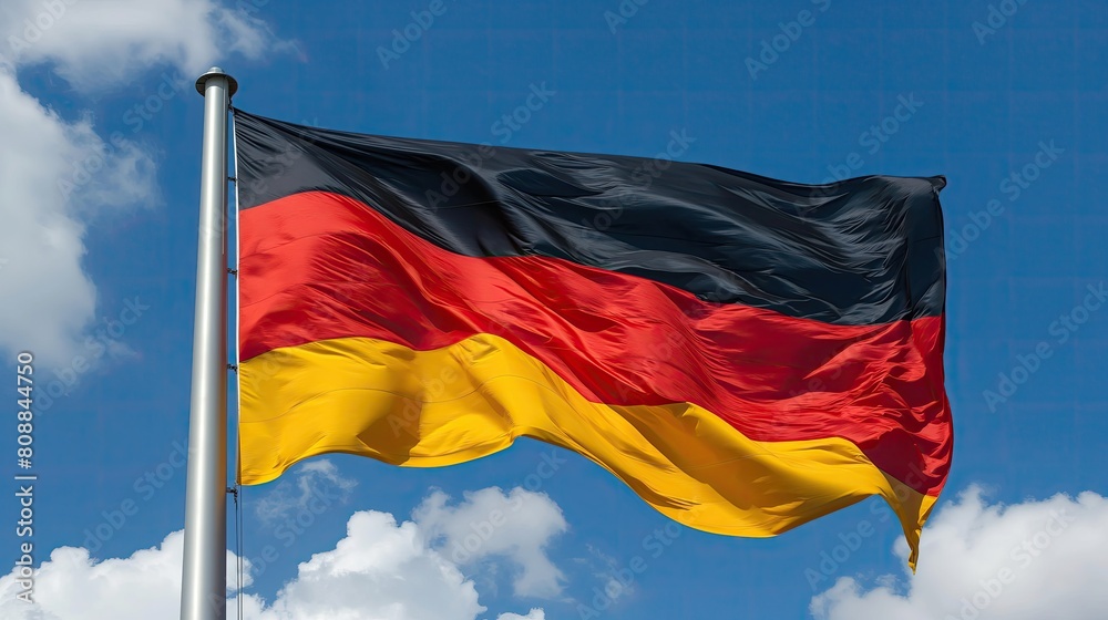 German Flag on a Flagpole with Blue Sky Background, Symbolizing Patriotism and Freedom German Flag on a Flagpole with Blue Sky Background, Symbolizing Patriotism and Freedom