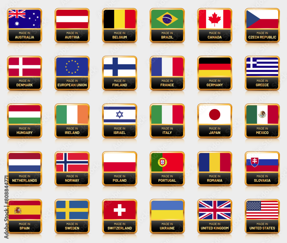 Set of thirty shiny gold labels with flags of different countries and inscription Made in... Set of thirty shiny gold labels with flags of different countries and inscription Made in...